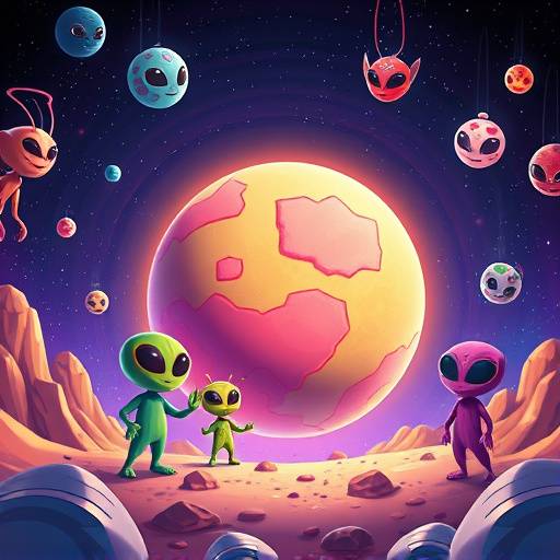 A colorful frame from the 'Cosmic Adventures' animated series, featuring friendly alien characters exploring a vibrant planet.
