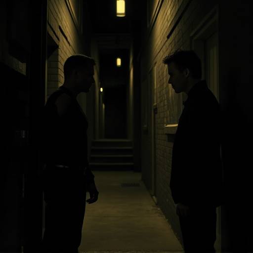 A dramatic shot from the 'Echoes of Silence' short film, featuring two characters in a tense standoff in a dimly lit alleyway.