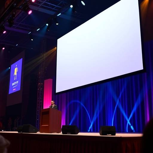 A dynamic shot from the 'Innovation Summit' event videography, capturing a keynote speaker on stage with a large screen display behind them.