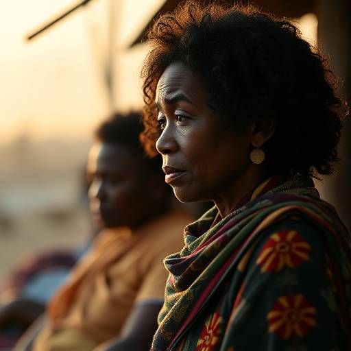 A poignant scene from the 'Voices of Resilience' documentary, depicting a community affected by climate change sharing their stories.