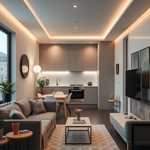 A sleek and modern shot from the 'FutureHome' commercial, showcasing a smart home system controlling lighting and temperature.