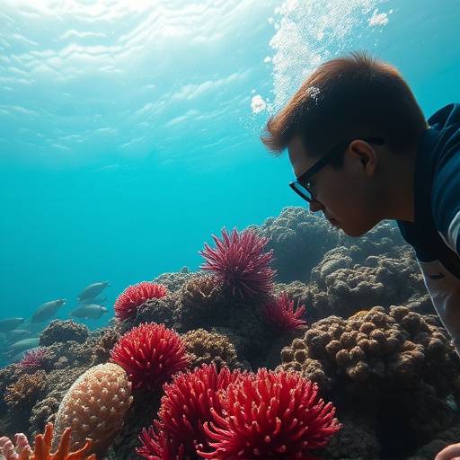 A still from the 'Guardians of the Reef' documentary, depicting a marine biologist examining coral reefs underwater.