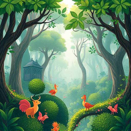 A whimsical frame from the 'Enchanted Forest' animated short, featuring magical creatures interacting in a lush and vibrant forest.