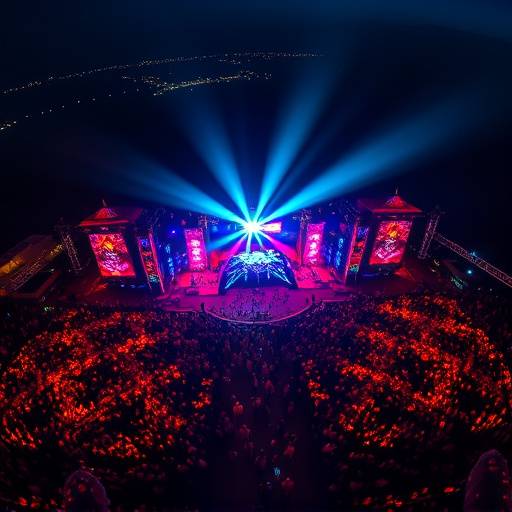 Aerial shot of a large music festival at night, capturing the energy of the crowd and the vibrant stage lighting.