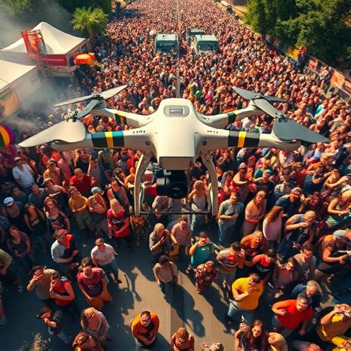 Aerial view of a music festival with a drone camera, capturing the energy of the crowd.