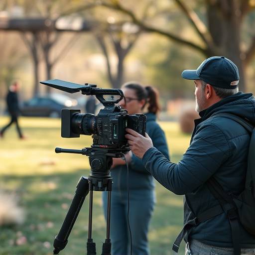 Behind-the-scenes shot of a film crew capturing a cinematic scene outdoors.