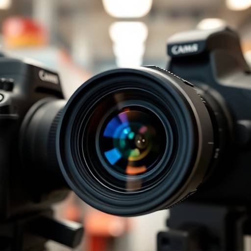 Close-up of a camera lens focusing on a product during a commercial shoot.