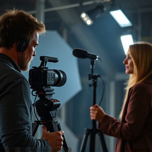 Interview setting with professional lighting and audio equipment, showcasing a speaker during a documentary film.