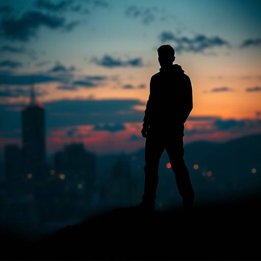 Scene from 'The Last Ember' short film, featuring a lone figure silhouetted against a twilight cityscape.